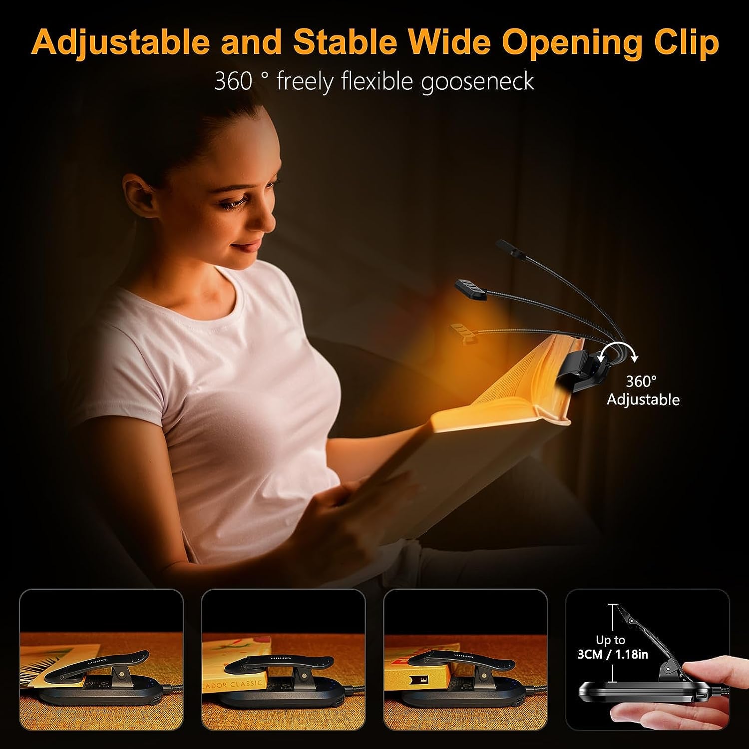 Gritin 19 LED Luz De Lectura, 360° Flexible Ajustable Lámpara De Lectura Recargable, 3 Colores De Luz & 5 Brillos, Protección Ocular Lampara Libro Con Modo Memoria, Largas Horas Para Lectores Noche