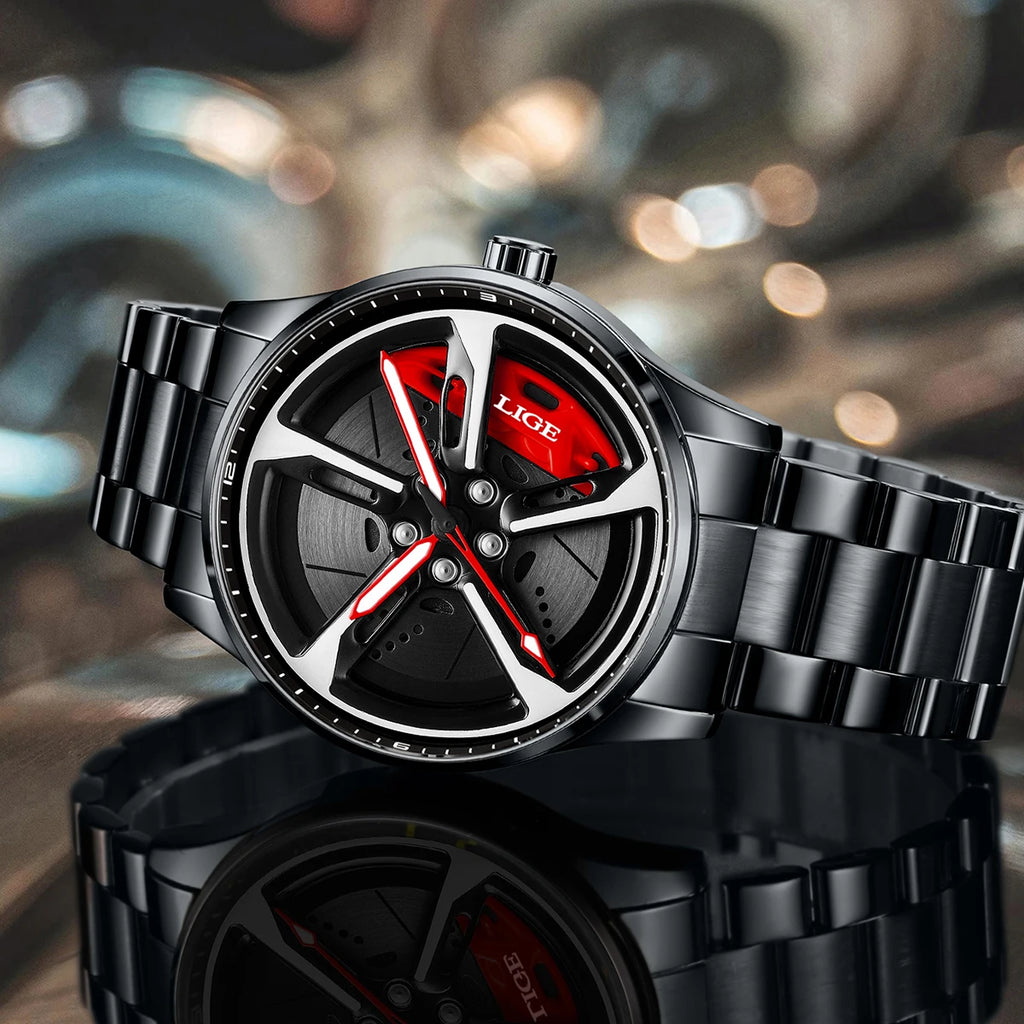 New Sport 3D Car Wheel Rim Hub Watch Fashionable Rotating Dial Stainless Steel Strap Waterproof Quartz Watches Reloj Hombre