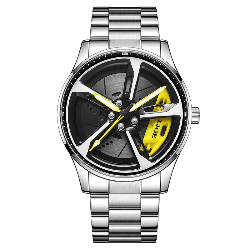 New Sport 3D Car Wheel Rim Hub Watch Fashionable Rotating Dial Stainless Steel Strap Waterproof Quartz Watches Reloj Hombre