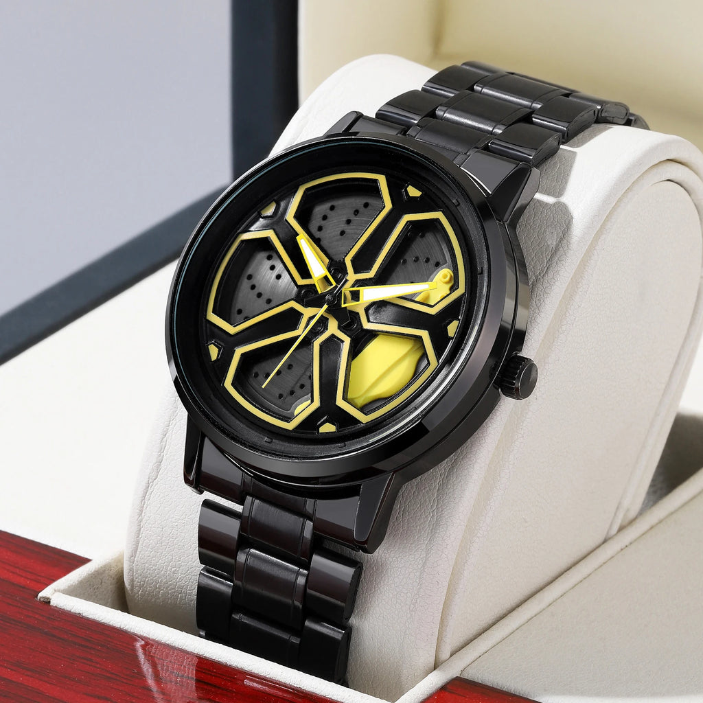 Brand Men Creative Wheel Turntable Watch Stainless Steel Black Quartz Movement 42Mm Waterproof Sports Gift Wristwatch