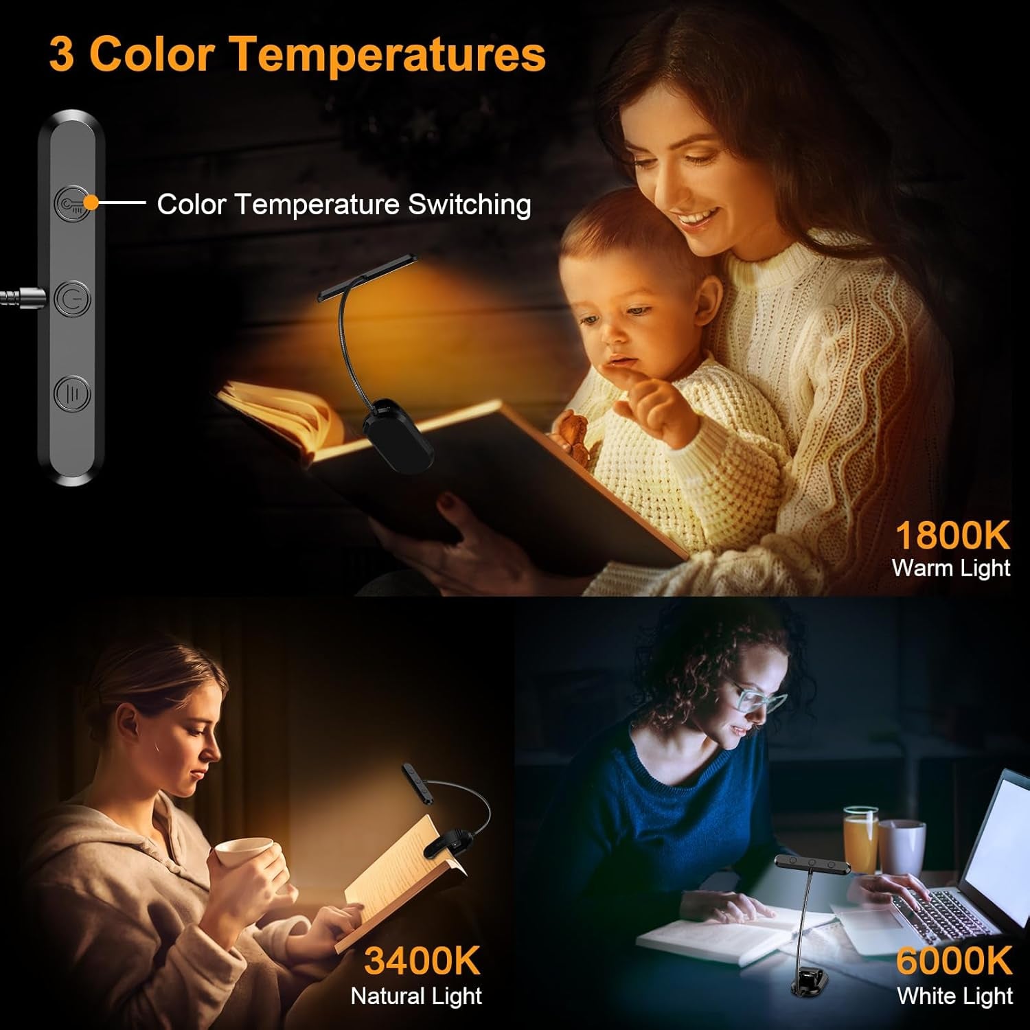 Gritin 19 LED Luz De Lectura, 360° Flexible Ajustable Lámpara De Lectura Recargable, 3 Colores De Luz & 5 Brillos, Protección Ocular Lampara Libro Con Modo Memoria, Largas Horas Para Lectores Noche