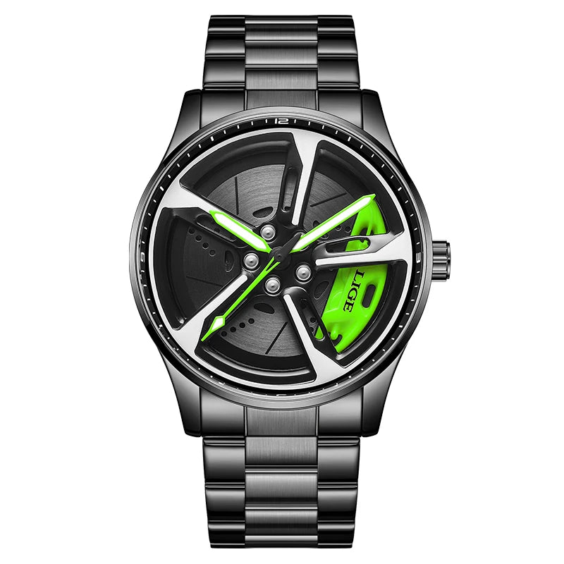 New Sport 3D Car Wheel Rim Hub Watch Fashionable Rotating Dial Stainless Steel Strap Waterproof Quartz Watches Reloj Hombre