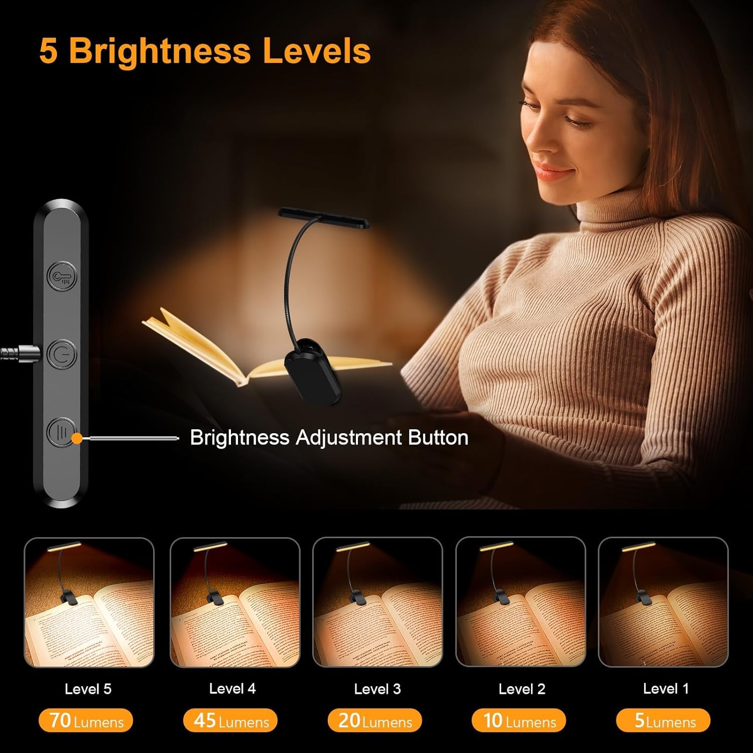 Gritin 19 LED Luz De Lectura, 360° Flexible Ajustable Lámpara De Lectura Recargable, 3 Colores De Luz & 5 Brillos, Protección Ocular Lampara Libro Con Modo Memoria, Largas Horas Para Lectores Noche