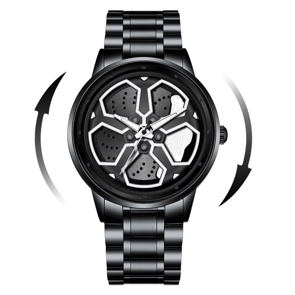 Brand Men Creative Wheel Turntable Watch Stainless Steel Black Quartz Movement 42Mm Waterproof Sports Gift Wristwatch