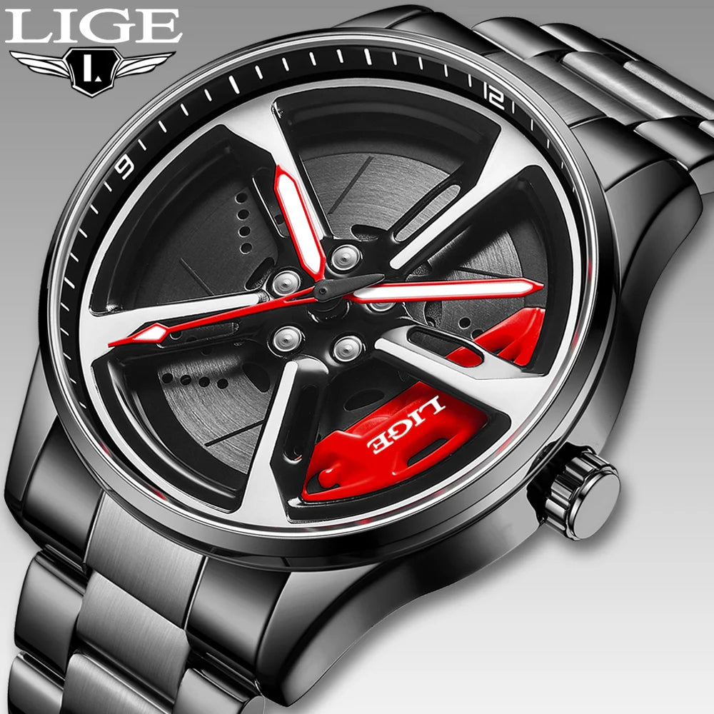 New Sport 3D Car Wheel Rim Hub Watch Fashionable Rotating Dial Stainless Steel Strap Waterproof Quartz Watches Reloj Hombre