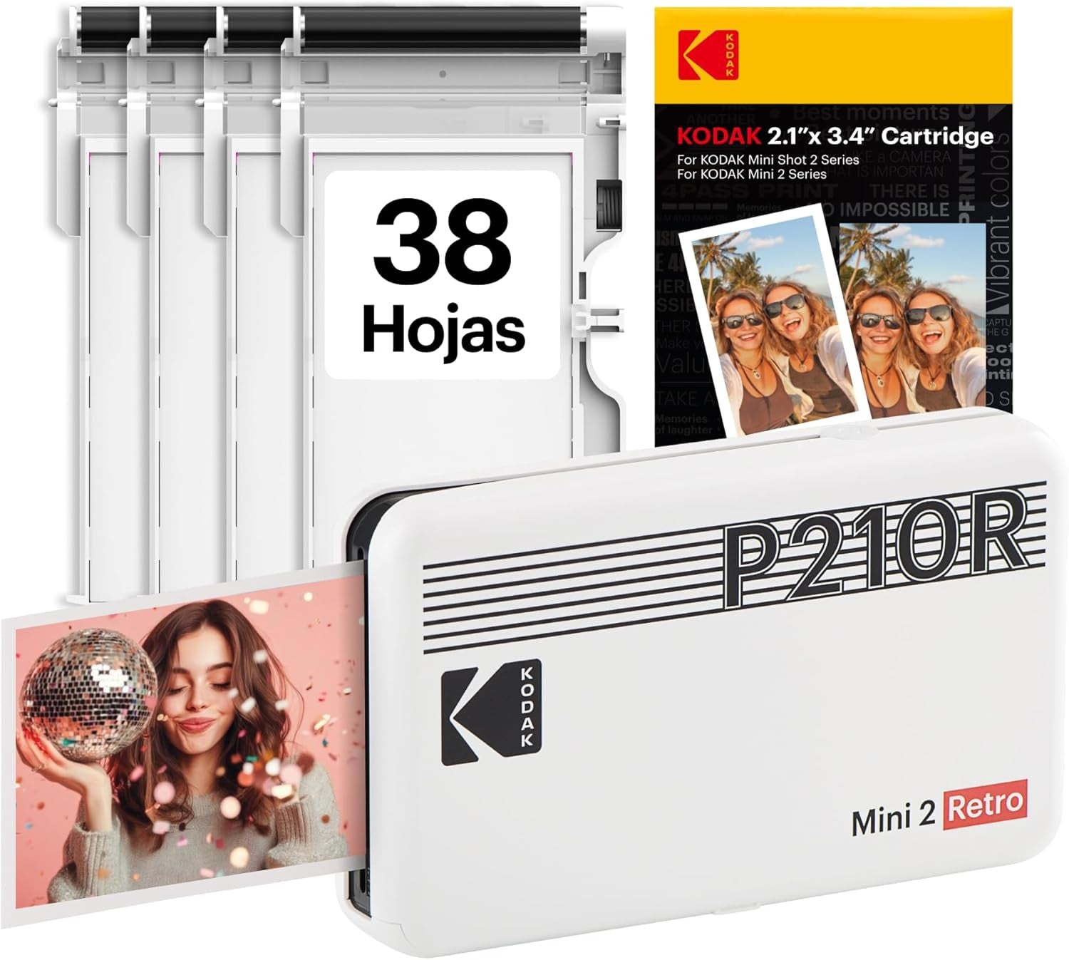 KODAK Mini 2 Retro Navidad Regalos 4Pass, Impresora Fotográfica + 38 Fotos, Fotos Instantáneas Tamaño 54X86Mm, Conexión Inalámbrica Bluetooth - Blanco
