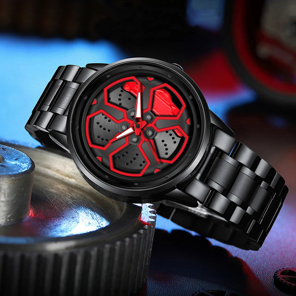 Brand Men Creative Wheel Turntable Watch Stainless Steel Black Quartz Movement 42Mm Waterproof Sports Gift Wristwatch