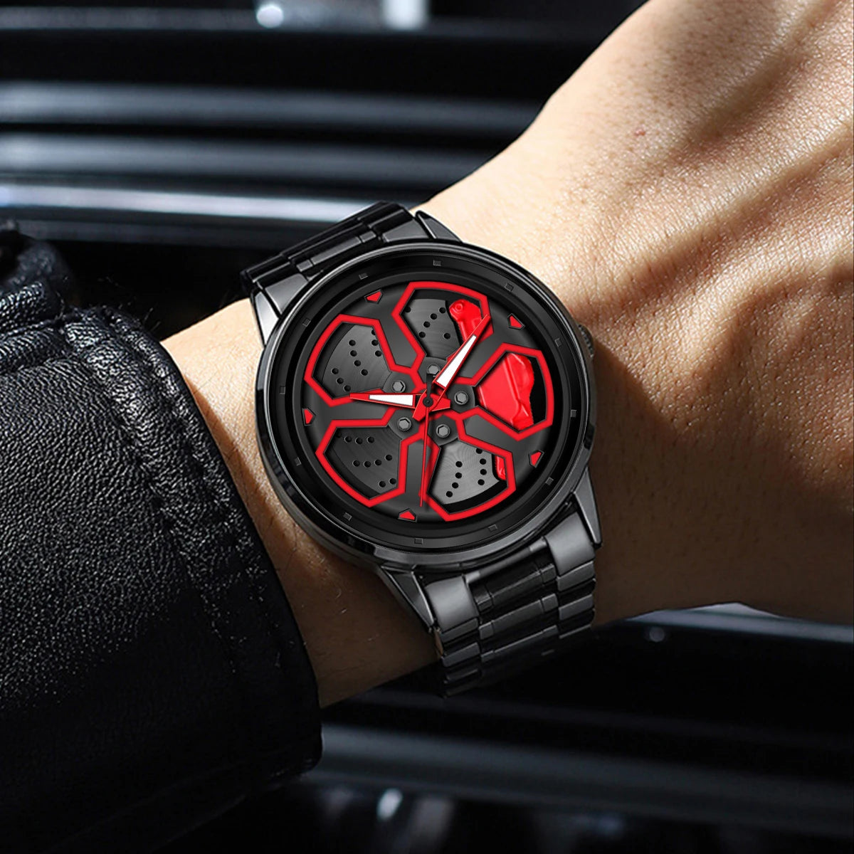 Brand Men Creative Wheel Turntable Watch Stainless Steel Black Quartz Movement 42Mm Waterproof Sports Gift Wristwatch