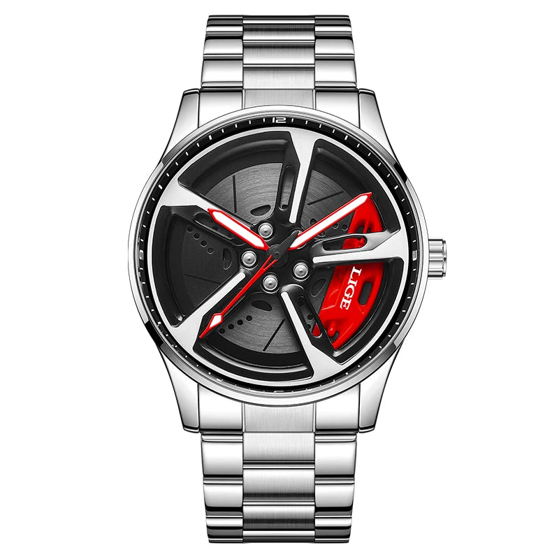 New Sport 3D Car Wheel Rim Hub Watch Fashionable Rotating Dial Stainless Steel Strap Waterproof Quartz Watches Reloj Hombre