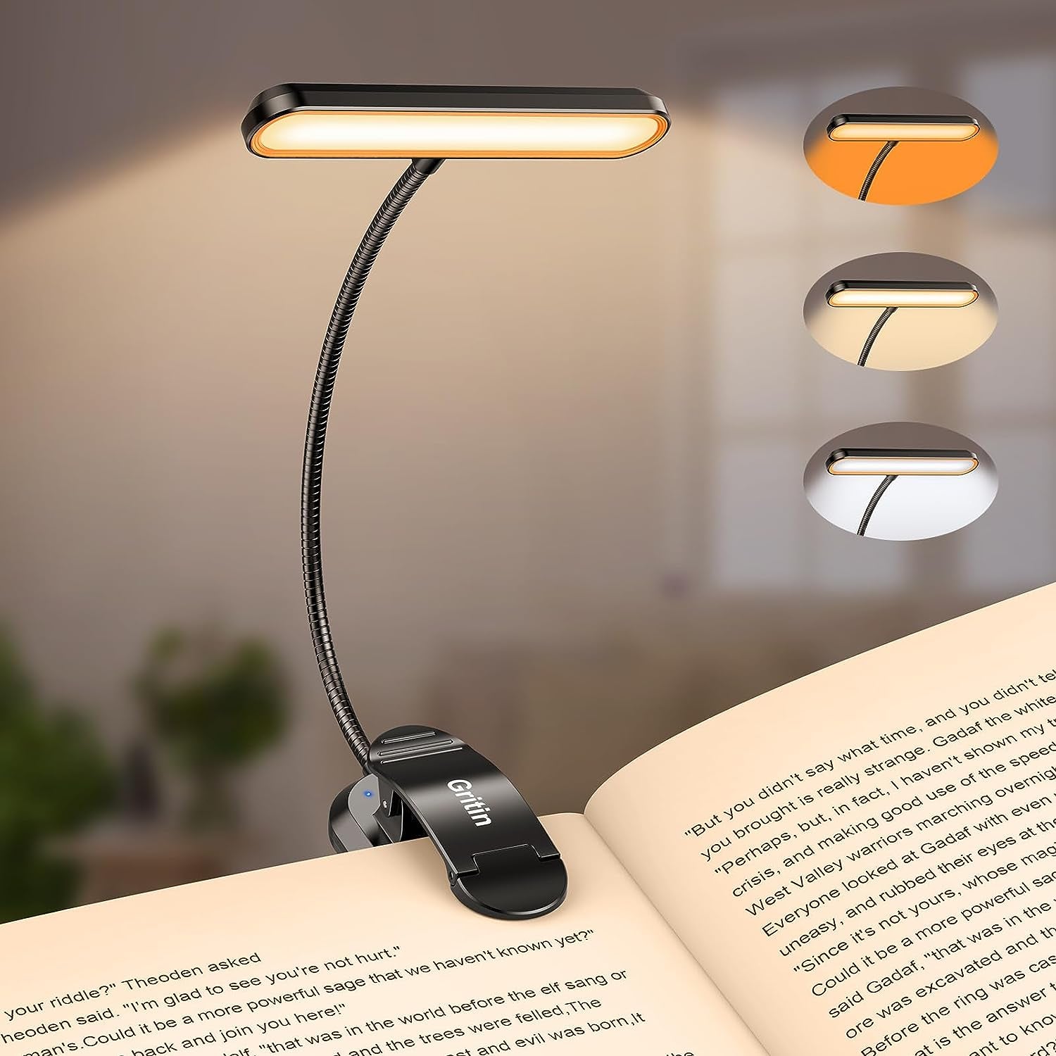 Gritin 19 LED Luz De Lectura, 360° Flexible Ajustable Lámpara De Lectura Recargable, 3 Colores De Luz & 5 Brillos, Protección Ocular Lampara Libro Con Modo Memoria, Largas Horas Para Lectores Noche