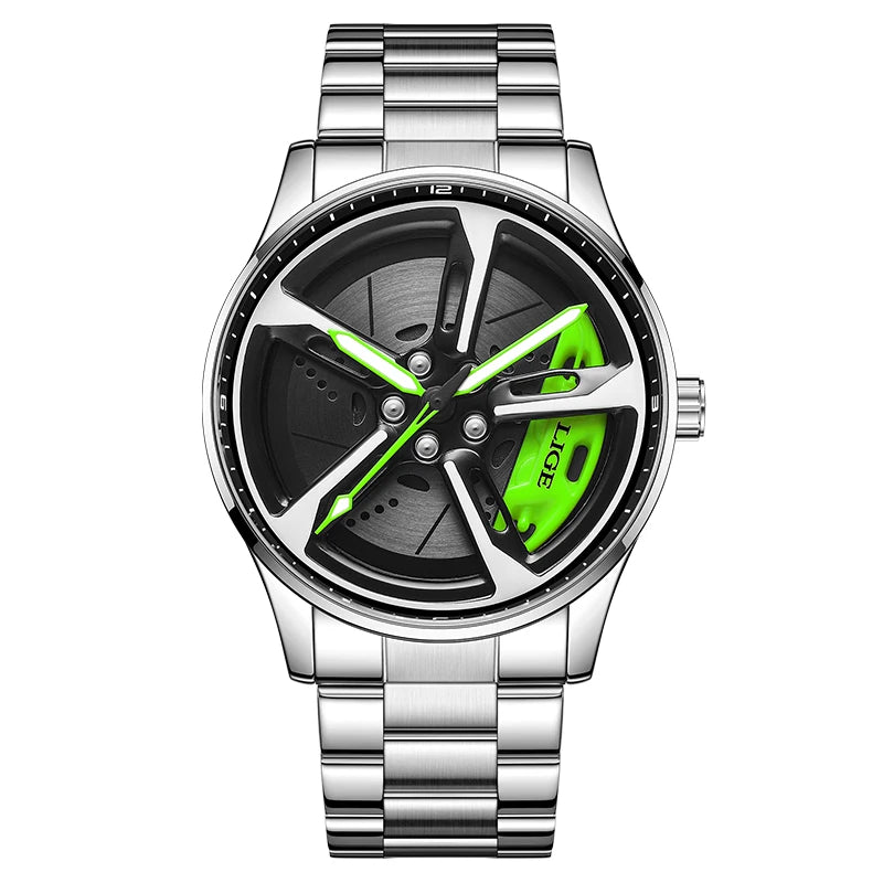 New Sport 3D Car Wheel Rim Hub Watch Fashionable Rotating Dial Stainless Steel Strap Waterproof Quartz Watches Reloj Hombre