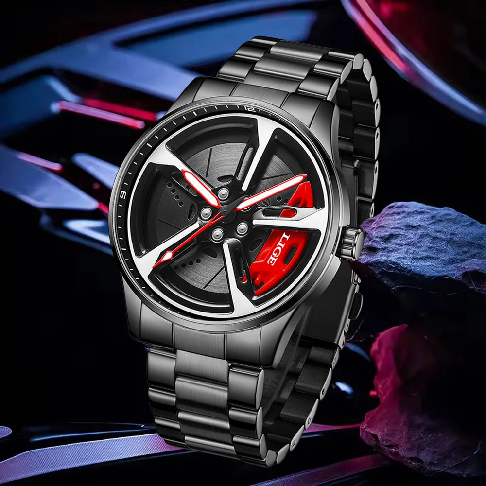 New Sport 3D Car Wheel Rim Hub Watch Fashionable Rotating Dial Stainless Steel Strap Waterproof Quartz Watches Reloj Hombre