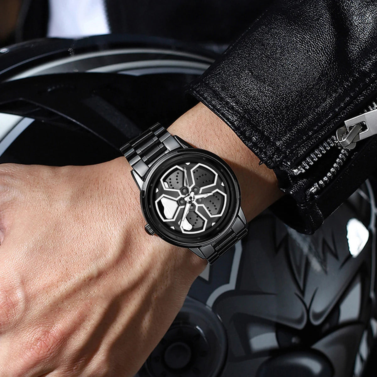 Brand Men Creative Wheel Turntable Watch Stainless Steel Black Quartz Movement 42Mm Waterproof Sports Gift Wristwatch