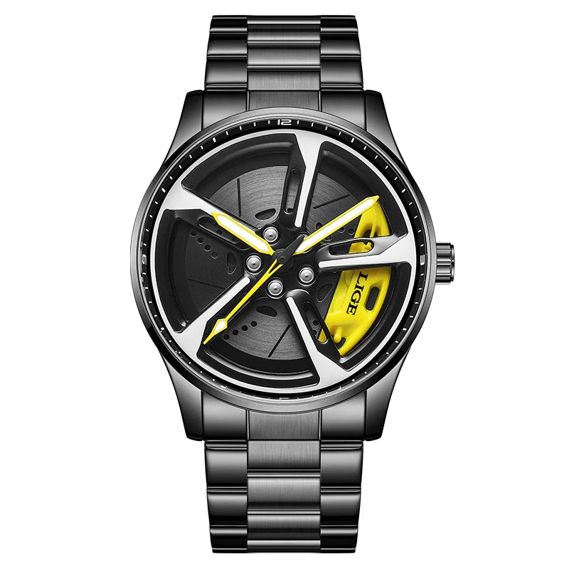 New Sport 3D Car Wheel Rim Hub Watch Fashionable Rotating Dial Stainless Steel Strap Waterproof Quartz Watches Reloj Hombre