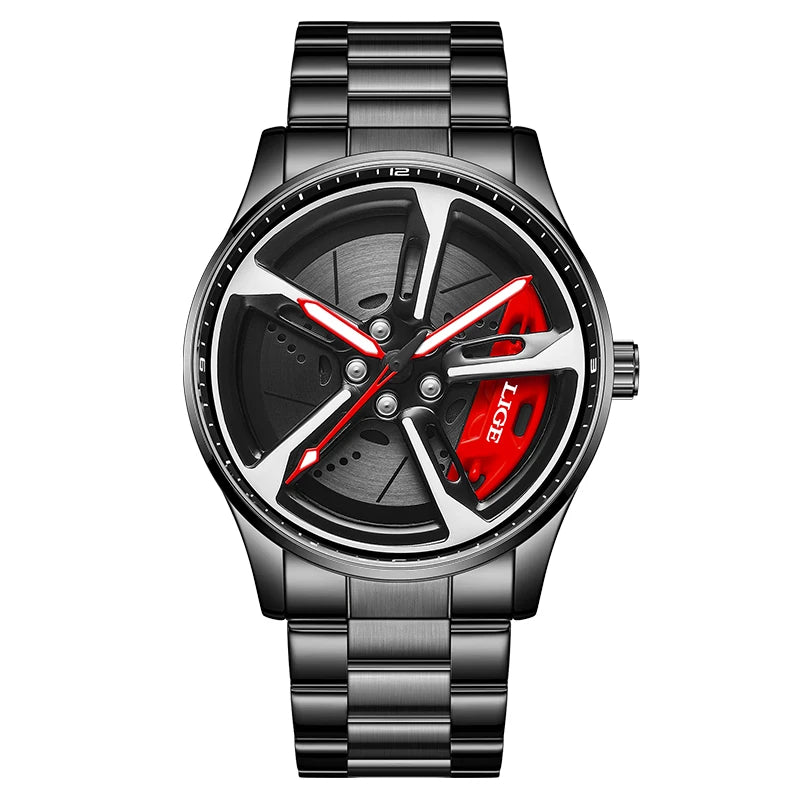 New Sport 3D Car Wheel Rim Hub Watch Fashionable Rotating Dial Stainless Steel Strap Waterproof Quartz Watches Reloj Hombre
