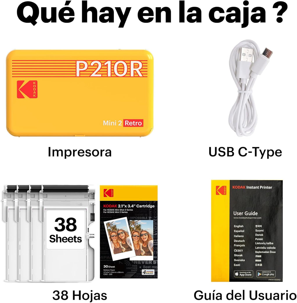 KODAK Mini 2 Retro Navidad Regalos 4Pass, Impresora Fotográfica + 38 Fotos, Fotos Instantáneas Tamaño 54X86Mm, Conexión Inalámbrica Bluetooth - Blanco