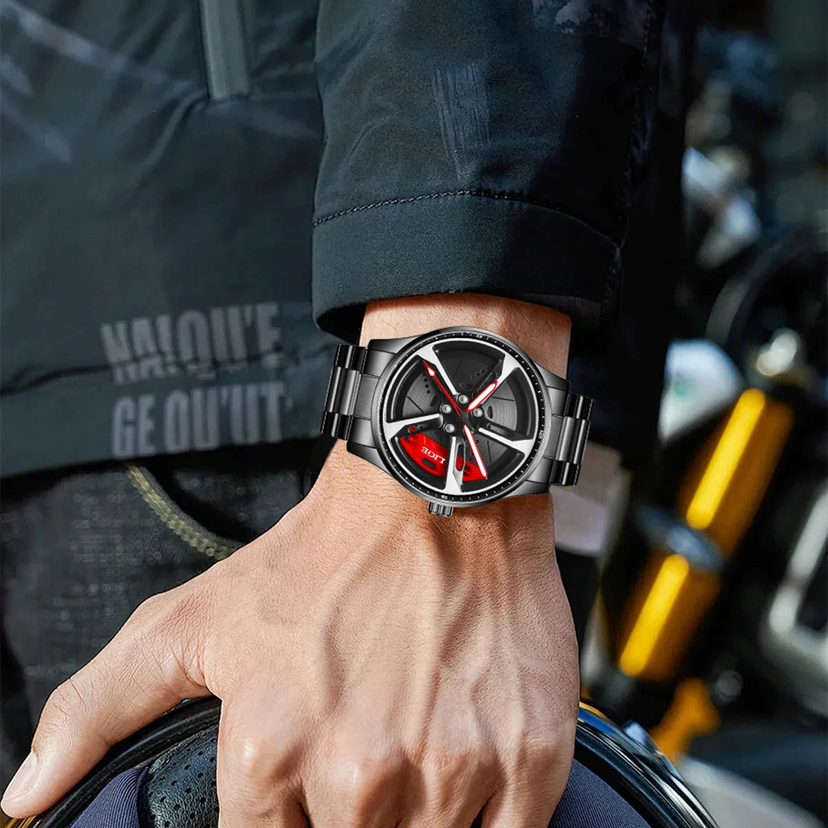 New Sport 3D Car Wheel Rim Hub Watch Fashionable Rotating Dial Stainless Steel Strap Waterproof Quartz Watches Reloj Hombre