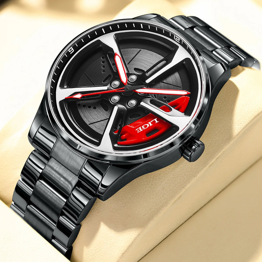 New Sport 3D Car Wheel Rim Hub Watch Fashionable Rotating Dial Stainless Steel Strap Waterproof Quartz Watches Reloj Hombre