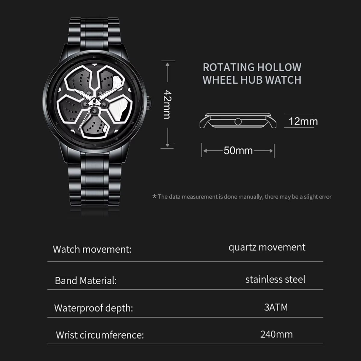 Brand Men Creative Wheel Turntable Watch Stainless Steel Black Quartz Movement 42Mm Waterproof Sports Gift Wristwatch